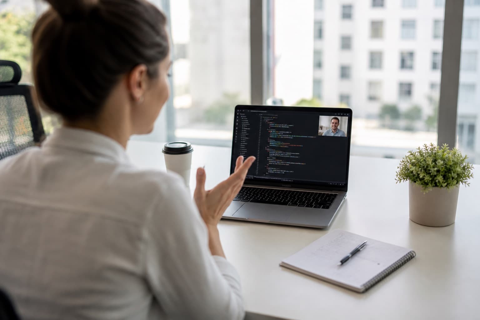 A laptop on a bright office desk during a technical interview