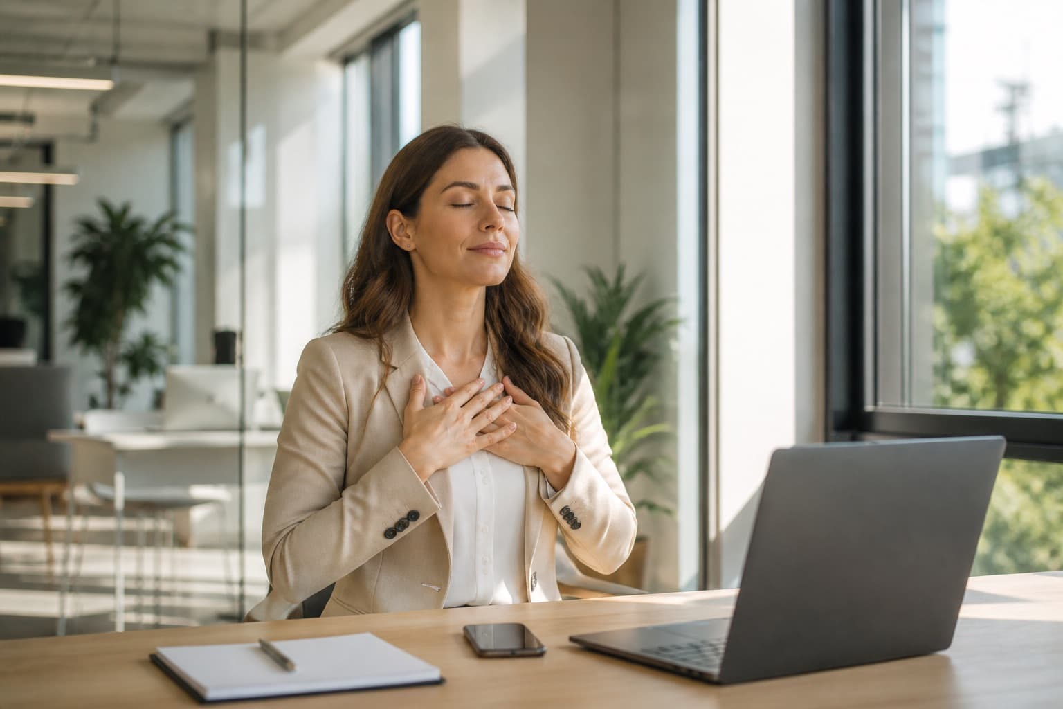A candidate pausing to breathe at a laptop before a video interview