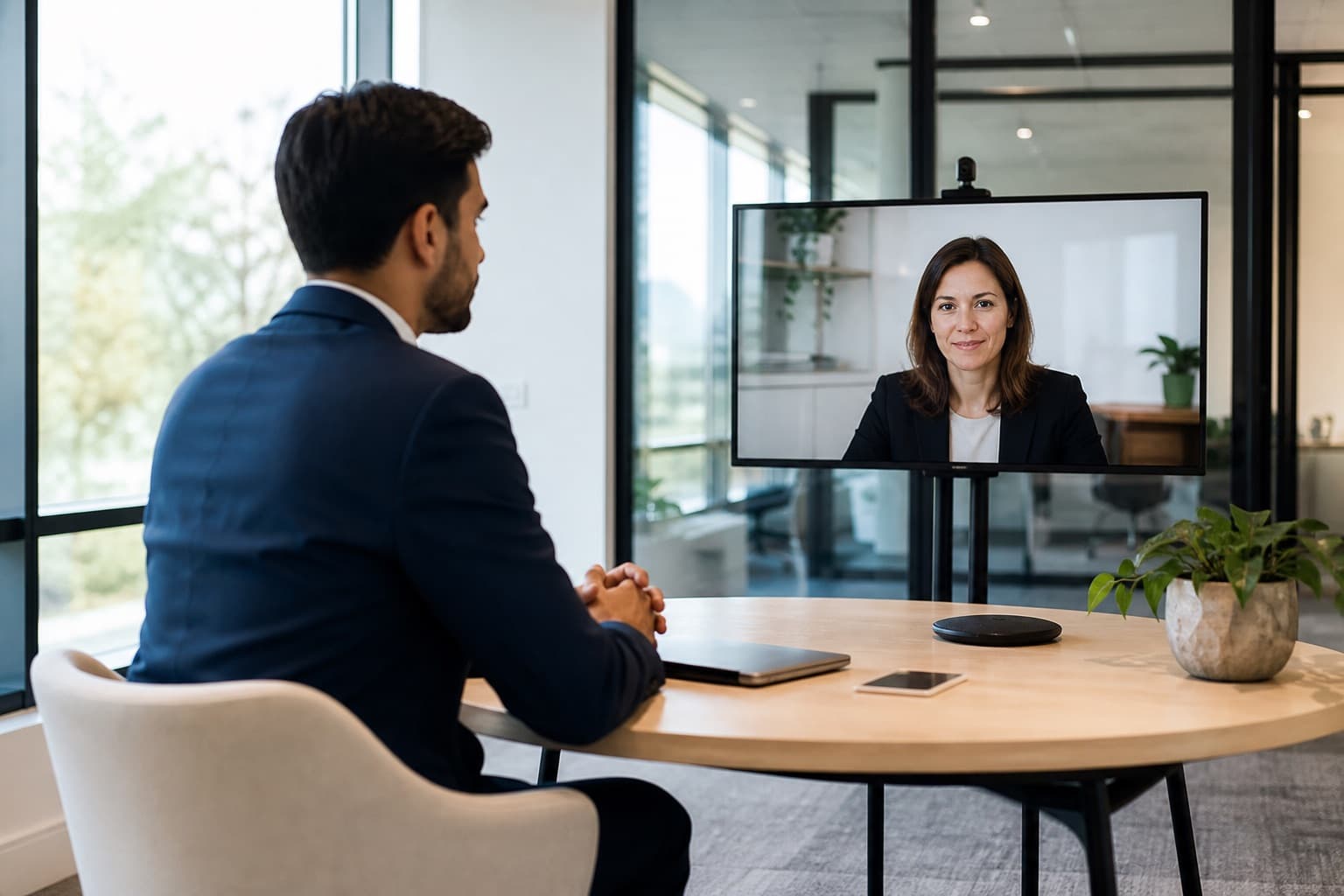 A professional on a live video interview with captions visible on their monitor