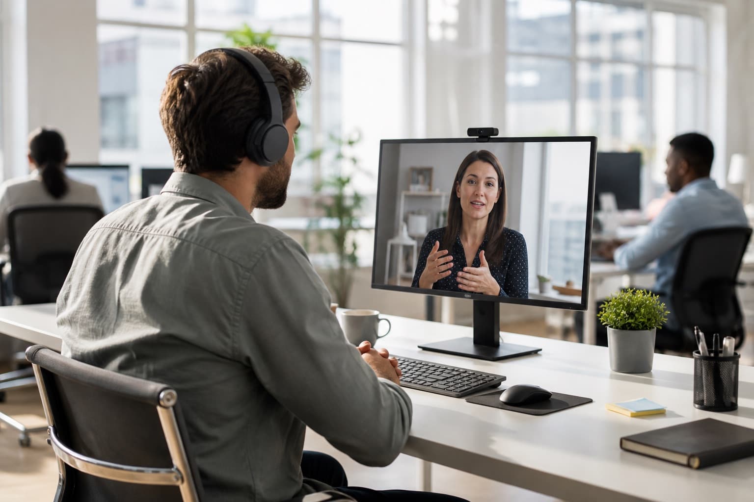 A professional on a video interview with headphones in a bright open office