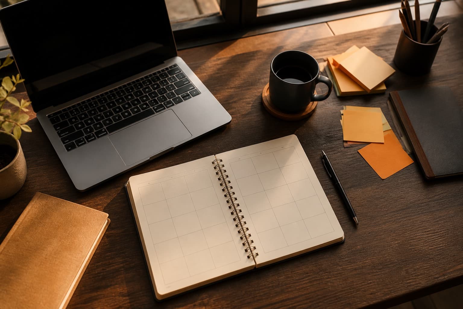 A calm desk with a weekly notebook, laptop, and coffee set out for interview prep