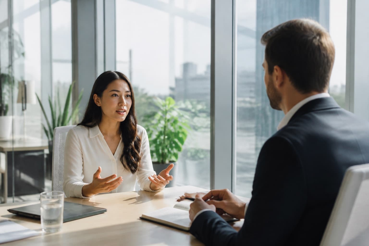 Two people in a bright office meeting room during a job interview