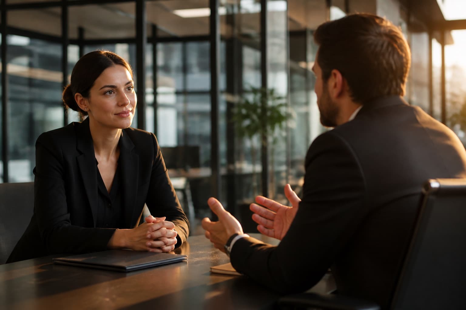 Two people talking across a table in a warm modern office