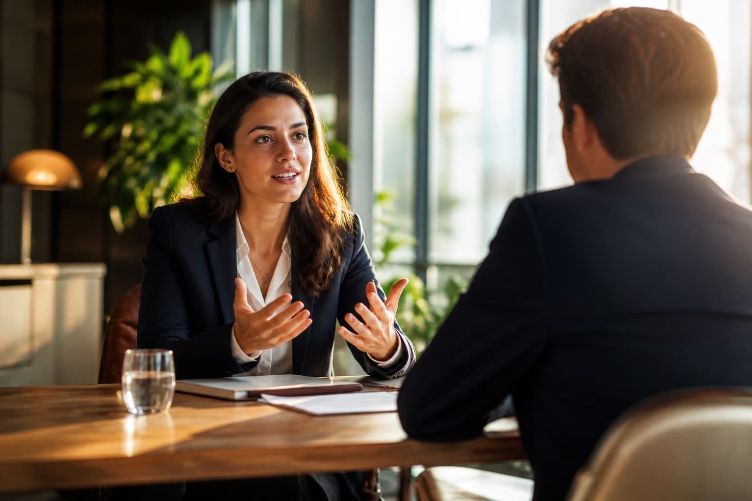 Two people talking through a behavioral interview in a bright meeting room