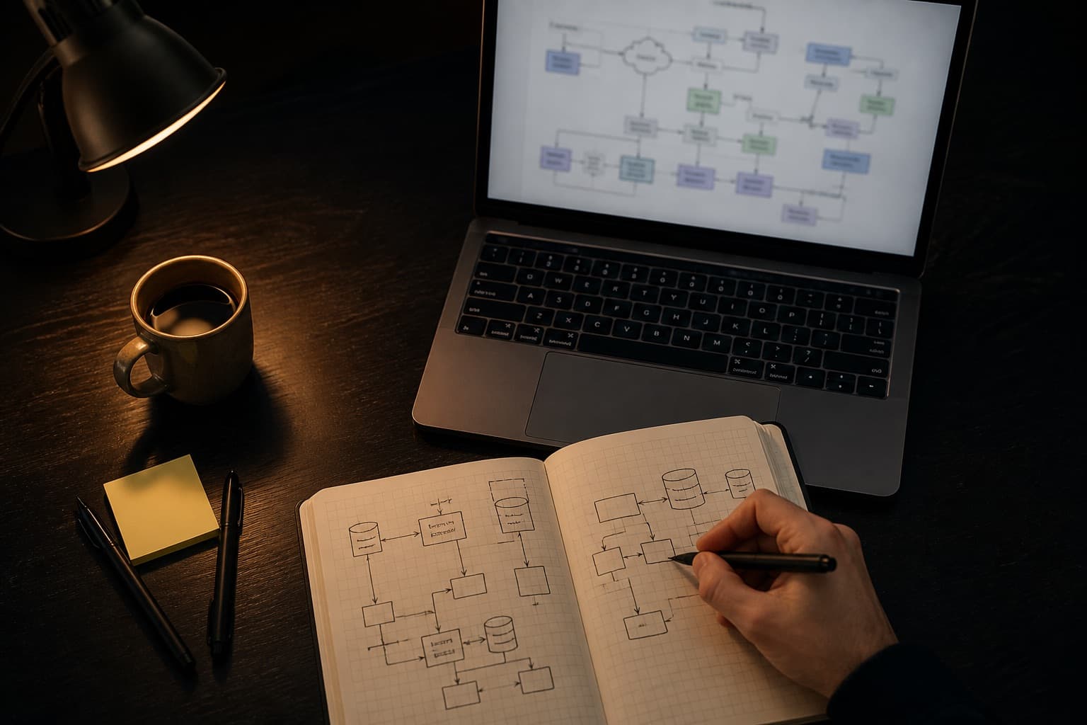 A desk with a laptop showing a system diagram and a notebook of boxes and arrows