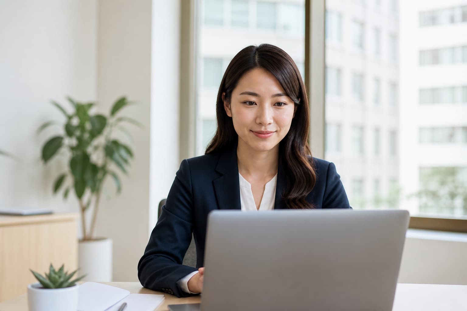 A candidate sitting for a video interview in a bright modern office