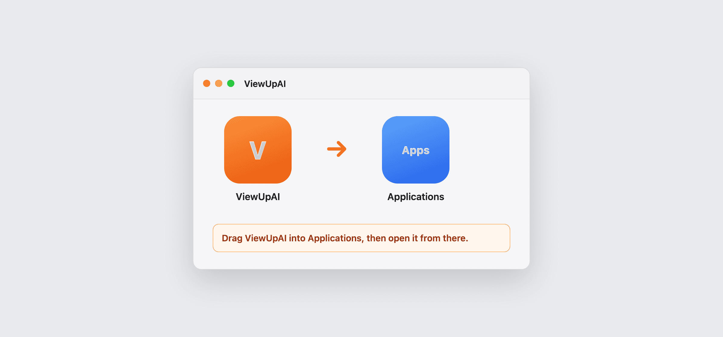 Diagram showing ViewUpAI dragged into the Applications folder