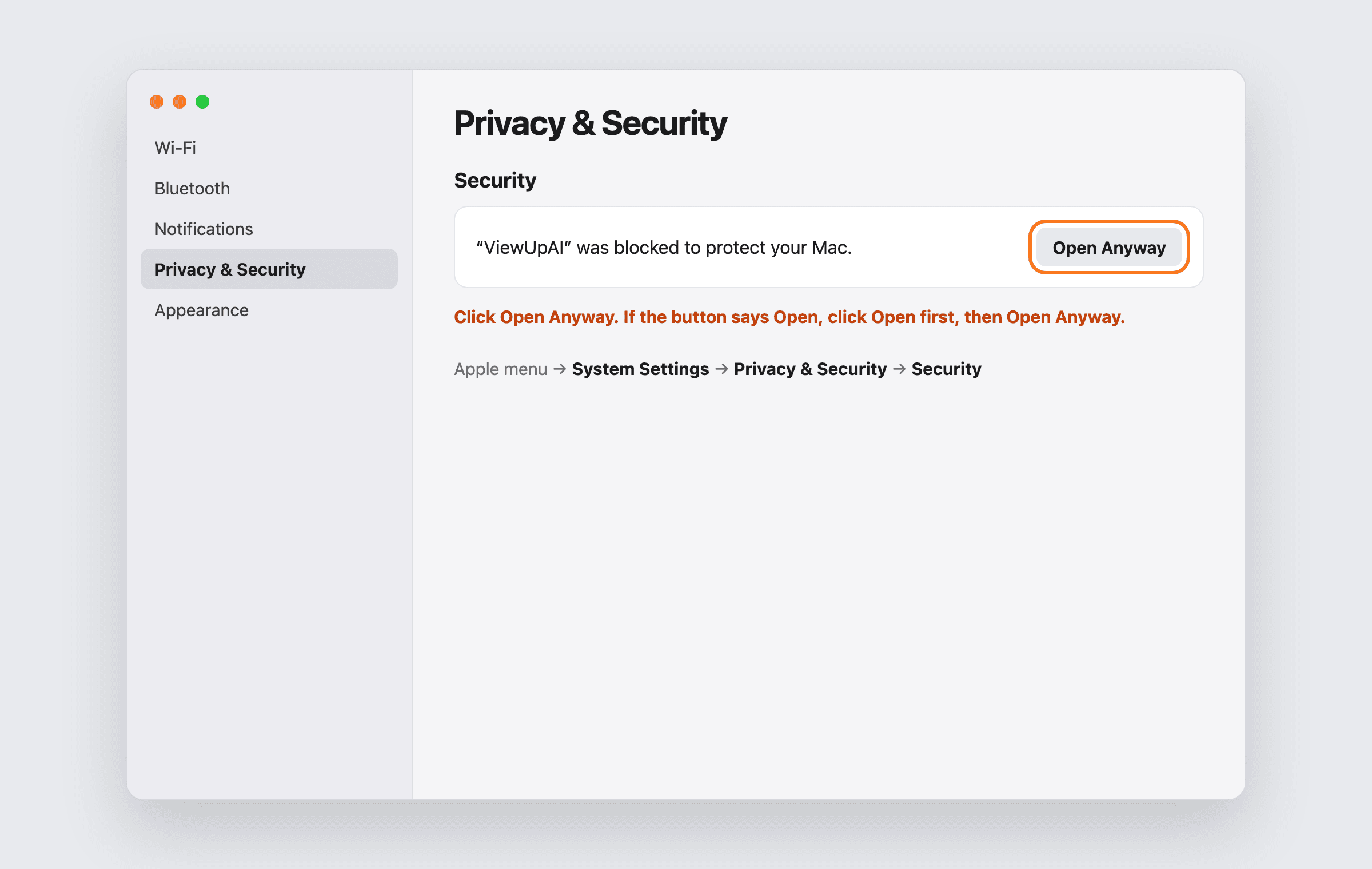 System Settings Privacy and Security page with Open Anyway highlighted next to a blocked ViewUpAI message