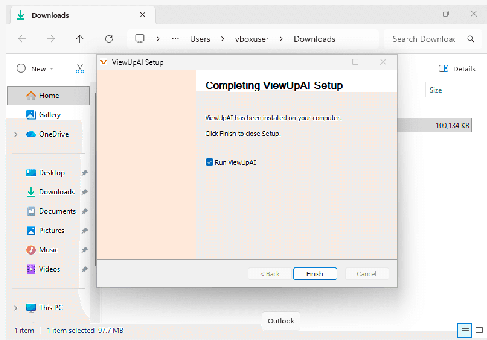 ViewUpAI Setup completion window with Run ViewUpAI checked and a Finish button