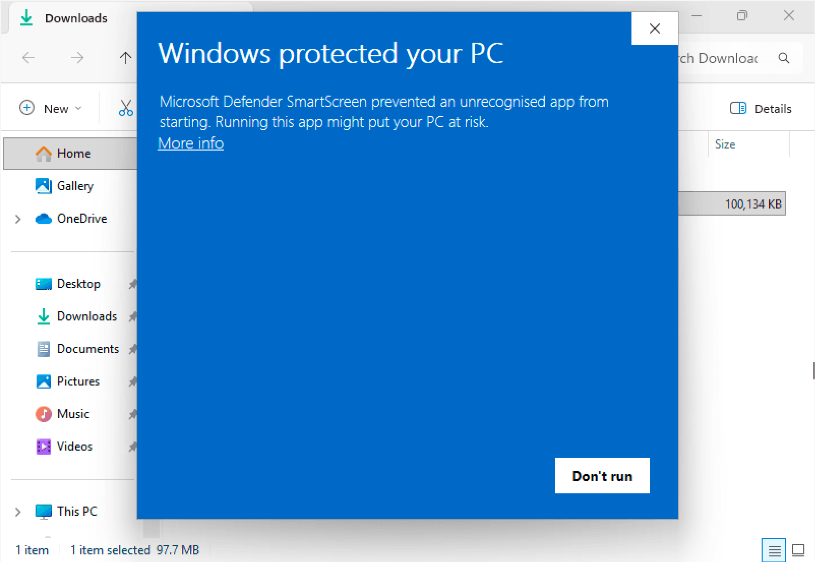 Windows SmartScreen dialog titled Windows protected your PC, with a More info link and a Don’t run button