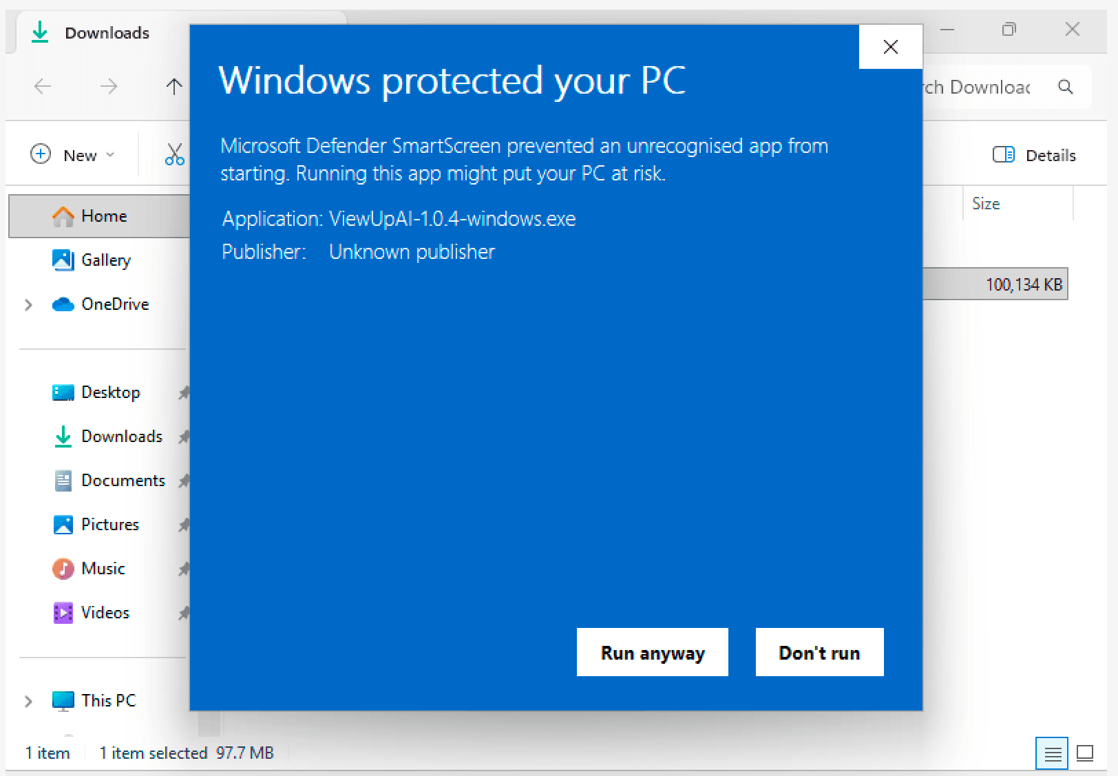 Windows SmartScreen dialog after More info, showing the ViewUpAI installer, Unknown publisher, and a Run anyway button